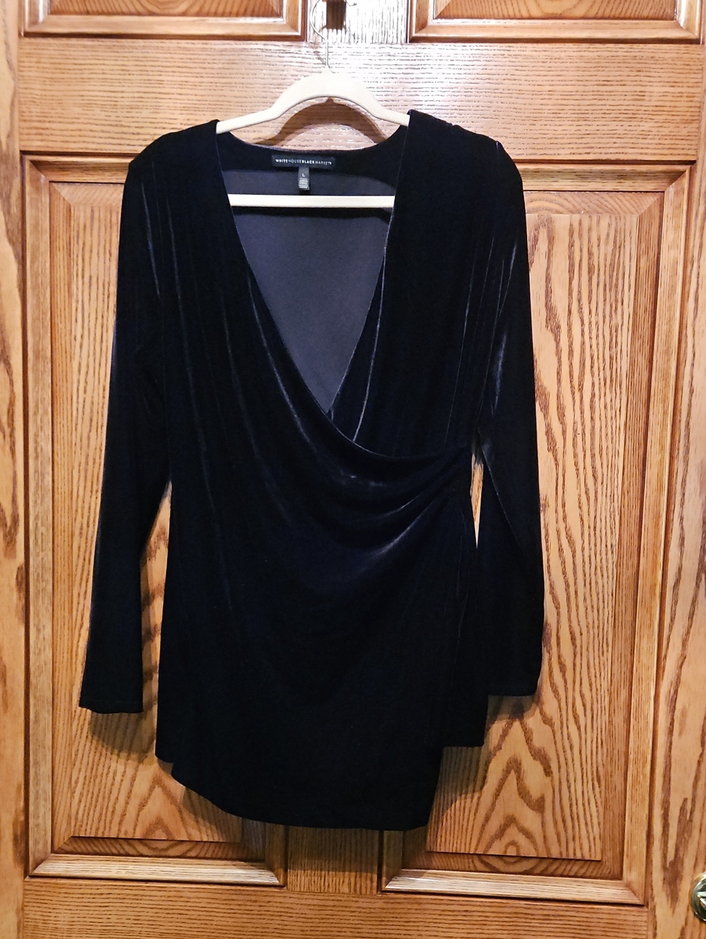 White House Black Market Black Velvet Drape Front Long-Sleeve Dress